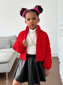 SHEIN 年輕女孩拉鍊式毛茸茸外套 - 紅色 - 查看 5