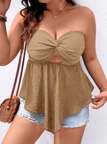 SHEIN Clasi Plus Size Women's Solid Color Twist Knot Ruffle Hem Tube Top - Khaki - View 6