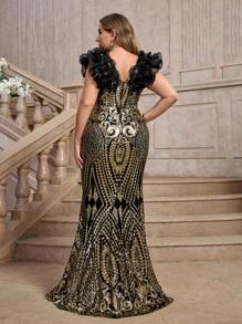 SHEIN Belle Vestido de noche elegante estilo cola de sirena con volantes y lentejuelas de champán de lujo de talla grande, vestido de graduación formal negro para invitada de boda, cena o fiesta - Negro - Ver 2