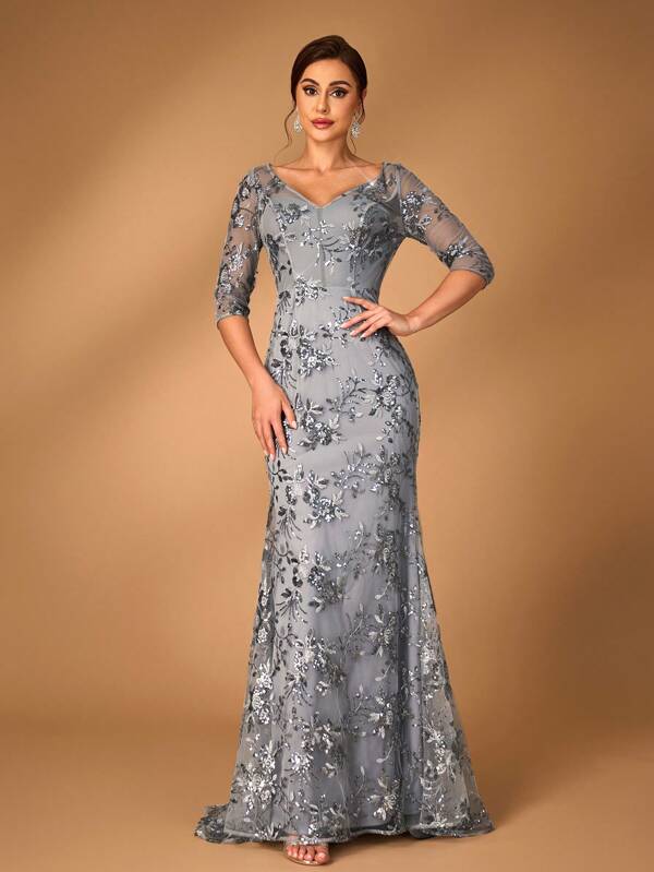 Serin Women's Elegant Luxury Sparkling Gray Fabric V-Neck Midi Mermaid Hem Dress, Suitable For Weddings, Formal Events, Parties, Mother Of The Bride Dresses Mother's Evening Dress