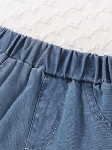 Ensemble 2 pièces haut à bretelles à imprimé floral et short en jean avec poches pour bébé fille - Vert - Voir 4