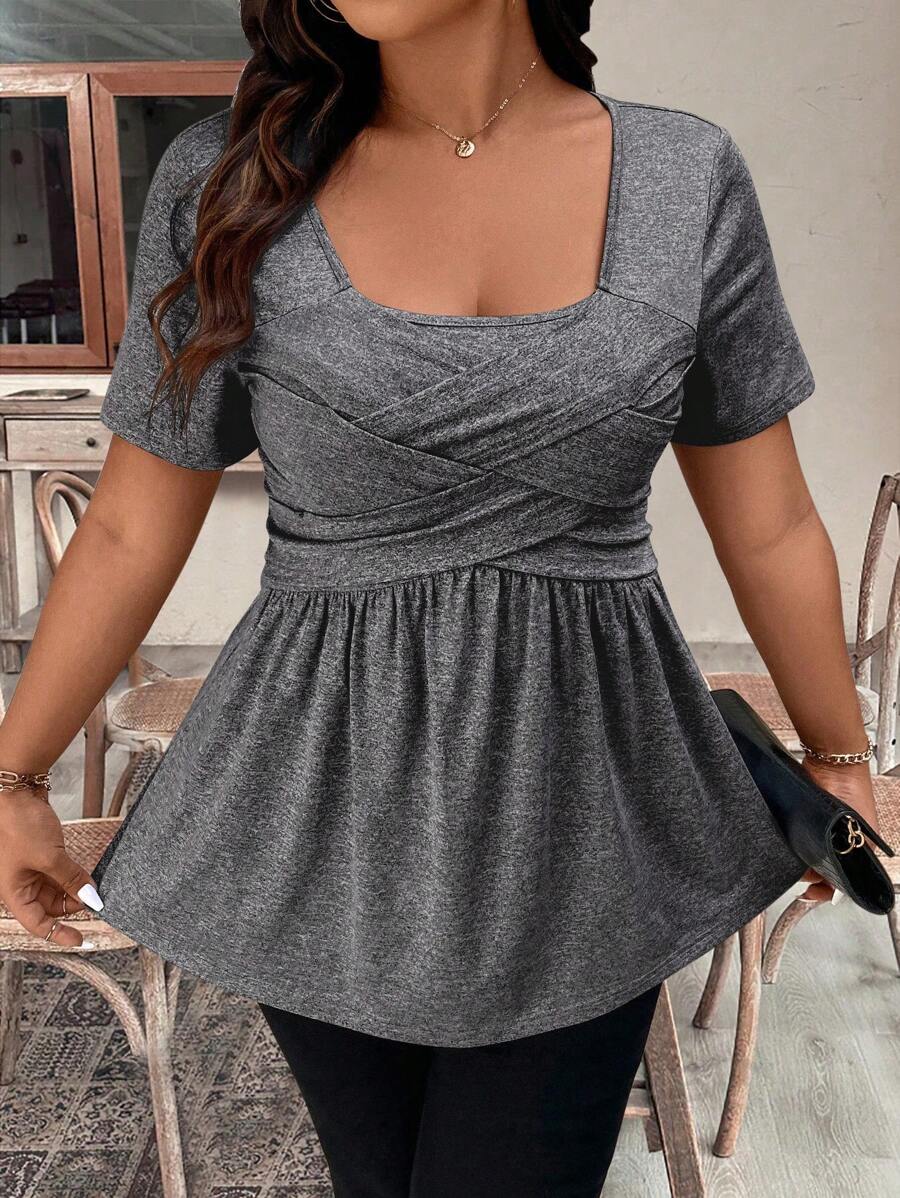 EMERY ROSE Plus Size Women's Summer Solid Color Square Neck Short Sleeve Ruffle Hem Casual T-Shirt