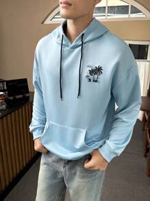 Manfinity Homme Blue Printed Long Sleeve Hooded Sweatshirt For Men - Blue - View 3