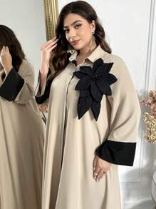 Al Najma 大码女式 3D 花卉装饰长袖连衣裙，阿拉伯时尚，阿拉伯服饰端庄优雅连衣裙，卡夫坦 - 杏色 - 查看 3