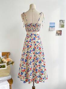 Soleia 2 件套女士浪漫碎花吊带荷叶边上衣和 A 字裙套装，休闲返校/秋季度假装 - 彩色 - 查看 7