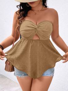 SHEIN Clasi Plus Size Women's Solid Color Twist Knot Ruffle Hem Tube Top - Khaki - View 5