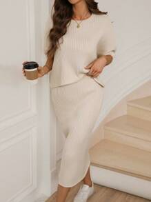 SHEIN LUNE 2pcs Women's Comfortable Simple Knitted Sweater Set For Autumn And Winter Casual Wear - Apricot - View 5