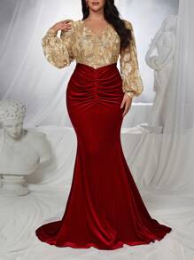 Glamrae Vestido de fiesta formal de longitud hasta el suelo con cola de pez, manga larga, volantes asimétricos, tejido de satén elástico con bloque de color y bordado elegante y de lujo, para eventos como graduación, cena, invitado de boda en talla grande