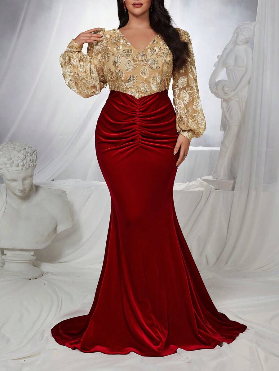 Glamrae Vestido de fiesta formal de longitud hasta el suelo con cola de pez, manga larga, volantes asimétricos, tejido de satén elástico con bloque de color y bordado elegante y de lujo, para eventos como graduación, cena, invitado de boda en talla grande