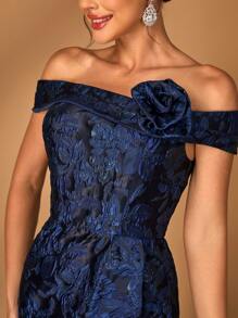 Serin Elegant Gorgeous Navy Blue One Shoulder Sleeve Luxurious Jacquard Satin Pleated 3D Floral Slit Mermaid For Wedding Party Vacation Formal Event Mother Of The Bride Evening Gown - Navy Blue - View 3