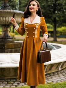 Vintamour 复古优雅女士长袖连衣裙，撞色领姜黄色中长连衣裙秋装返校节礼服教师服女士生日礼服女士连衣裙优雅商务休闲女士礼服 - 棕色 - 查看 3