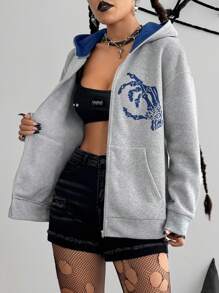 SHEIN Unity 万圣节图案拼色拉链连帽衫运动衫夹克 - 淺灰色 - 查看 6