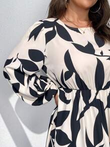 DreamSkyne 大码女士优雅植物印花圆领灯笼袖荷叶边连衣裙，适合假日穿着的女士长款服装 - 杏色 - 查看 8