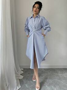 Elenzga 女士优雅通勤泡泡袖收腰条纹衬衫裙 - 藍色 - 查看 4