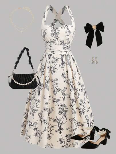 SHEIN Girlism Teen Girl Vintage Floral Print Crisscross Strap Elegant Chiffon Dress, Suitable For Renaissance Fair