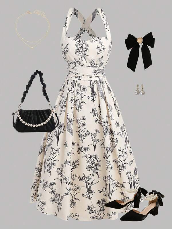 SHEIN Girlism 少女复古花卉印花交叉肩带优雅雪纺连衣裙，适合文艺复兴博览会