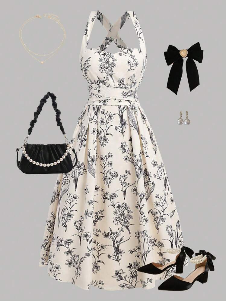 SHEIN Girlism 少女复古花卉印花交叉肩带优雅雪纺连衣裙，适合文艺复兴博览会 - 杏色 - 查看 1