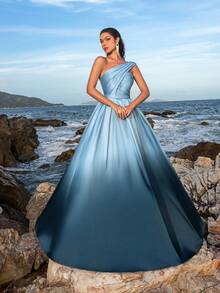 Faeriesty One Shoulder Ombre Satin Formal Prom Dress - Blue - View 5