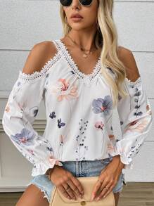 SHEIN LUNE 2024 Thiết Kế Mới Cổ Chữ V Hở Vai In Hoa Tay Dài Thanh Lịch Cho Nữ - trắng - Xem 4