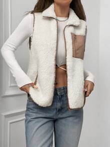 SHEIN EZwear 撞色立领羊毛背心夹克，秋冬款 - 米色 - 查看 6