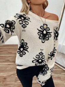 SHEIN LUNE Autumn New Design Casual Retro Floral Pattern Fashionable Pullover Sweater For Women Knit Pullover Fall Winter Outfit - Apricot - View 5