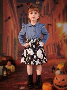 Vestido casual colegial estilo azul jeans patchwork desenho animado e estampa gráfica de Halloween, outono/inverno