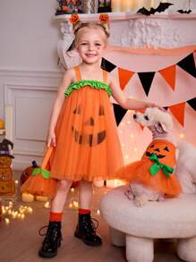 PETSIN 1pc Halloween Orange Pumpkin & Funny Face Print Cute Mesh Tulle Dress For Cats/Dogs - Multicolor - View 2