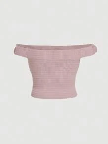 SHEIN MOD 大码粉色露肩褶皱短款针织上衣 - 粉色 - 查看 2