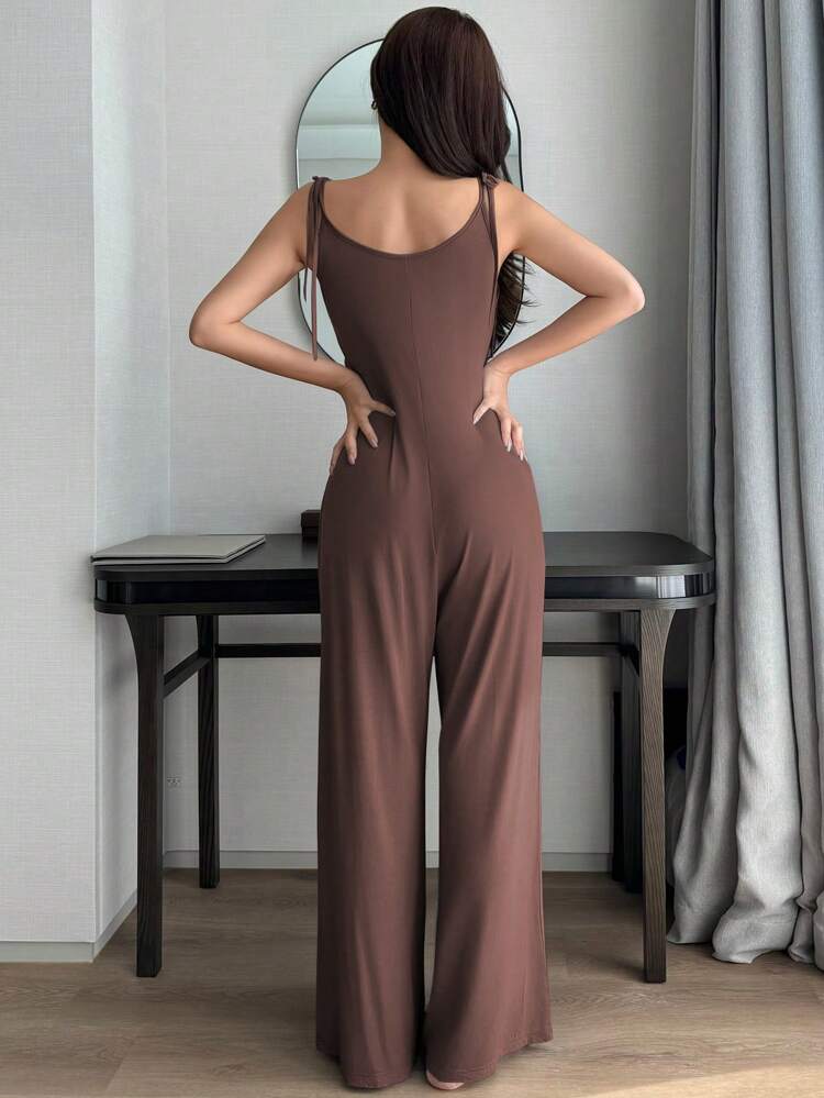 Women's Tie-Up Neck Fitted Knit Drape Drawstring Jumpsuit Loungewear Pajama