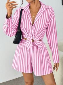 Chiquease Striped Print Twist Front Long Sleeve Shirt And High Waisted Shorts Streetwear Casual Outfit