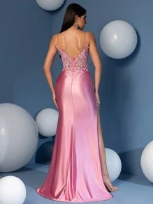 Elisanya 返校节礼服贴花紧身细肩带开叉大腿舞会礼服闪亮亮片刺绣礼服春季新款派对礼服舞会礼服鸡尾酒会礼服 - 粉色 - 查看 3