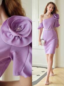 MOTF PREMIUM VESTIDO DE CÓCTEL AJUSTADO PARCHADO CON FLORES EN 3D - Morado - Ver 2