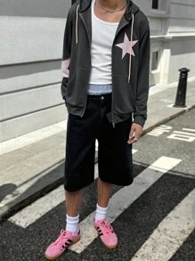 Manfinity VCAY Sudadera con capucha casual de punto holgada con bordado de estrella para hombre, para otoño e invierno