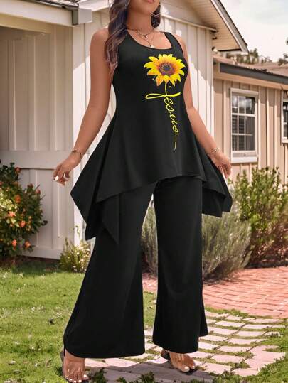 SHEIN LUNE Top à bretelles à ourlet asymétrique imprimé tournesol et pantalon large