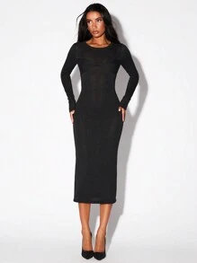 SHEIN X  Ignacia Antonia Glamine Black Long Sleeve Mid-Length Twist Detail Round Neck Fitted Bodycon Halloween Sweater Dress For Women - Black - View 5