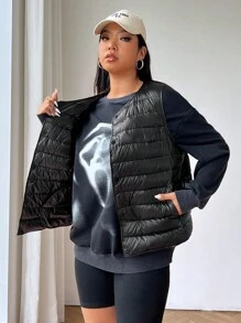 SHEIN EZwear 大码女式秋冬休闲百搭连帽无袖羽绒羽绒大衣背心带口袋黑色可压缩保暖 - 黑色 - 查看 6