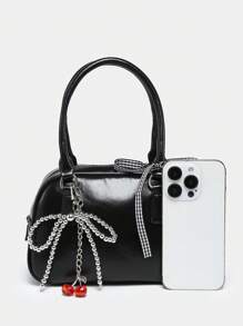 ROMWE Kawaii Túi xách mini đính nơ đính ngọc trai anh đào, phong cách múa ba lê dễ thương dành cho phụ nữ ngày lễ tình nhân - màu đen - Xem 4