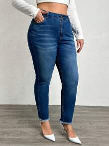EURMUSE Plus Size Mulheres Bolsos Bainha Desfiada Skinny Casual Jeans - Lavagem escura - Ver 5