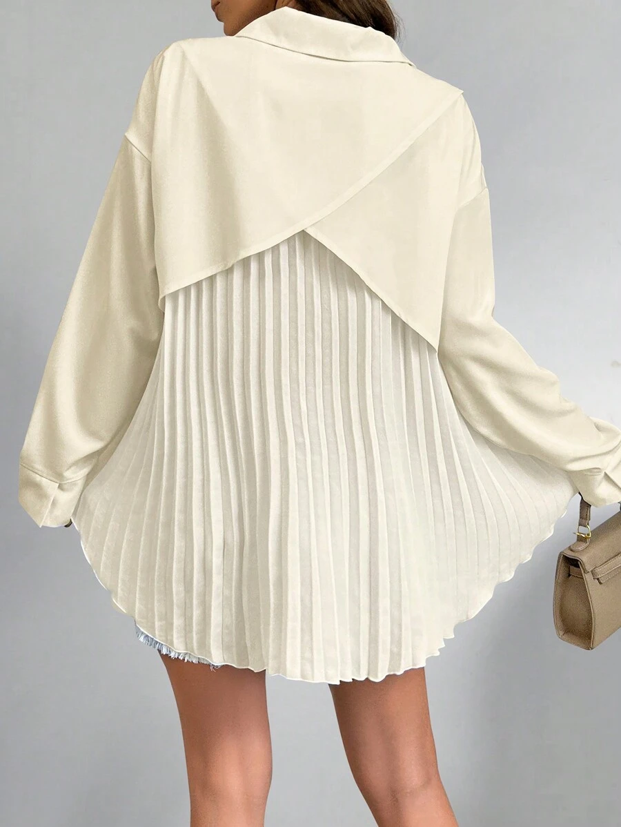 SHEIN LUNE Women's Solid Color Drop Shoulder Long Sleeve Back Pleated Casual Shirt, Spring/Summer Fall Cloth For Women - Apricot - View 1