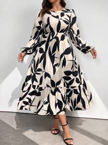 DreamSkyne 大码女士优雅植物印花圆领灯笼袖荷叶边连衣裙，适合假日穿着的女士长款服装 - 杏色 - 查看 3