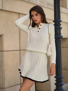 EURMUSE Women Cable Knit Pattern Collar Neck Pullover & Sweater Skirt Set - Beige - View 5