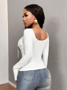 SHEIN SXY 红色罗纹针织上衣，方形领口和系带腰部，长袖 T 恤基本款 T 恤 - 紅色 - 查看 6