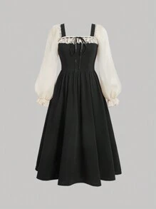 SHEIN MOD Vintage Palace Style Color Block Puff Sleeve Plus Size Dress