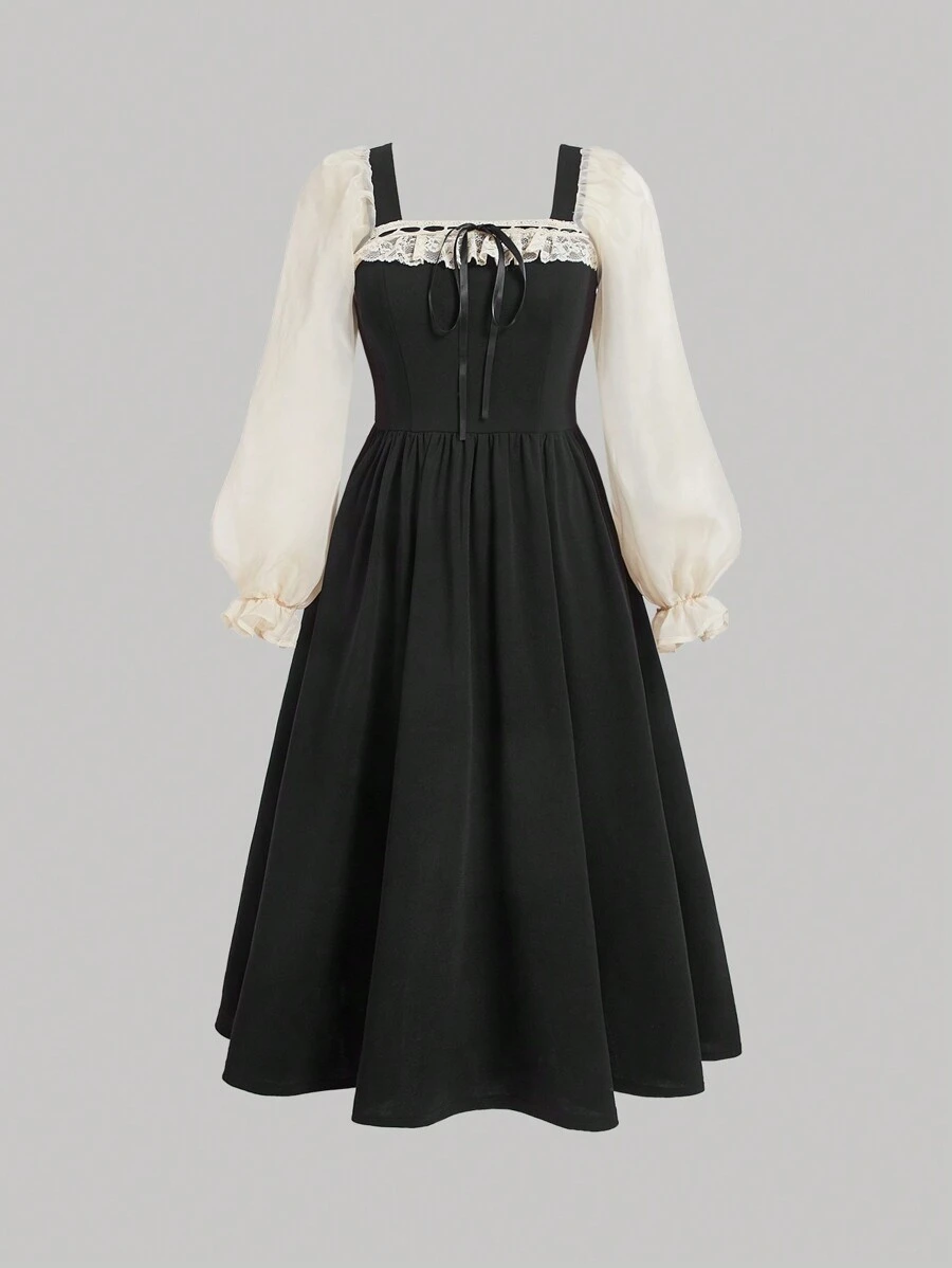 SHEIN MOD Vintage Palace Style Color Block Puff Sleeve Plus Size Dress