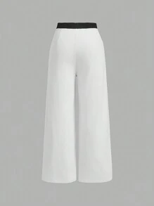 SHEIN MOD Plus Size White Colorblock Retro College Style Women's Long Pants Old Money Style Back To School Clothes - Black and White - View 2