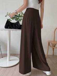 DAZY 女士纯色简约休闲长裤，教师裤 - 棕色 - 查看 2