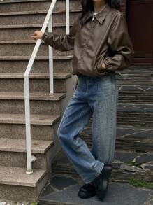 DAZY Thick Solid Color Casual Leather Jacket, Autumn,Fall Women Clothes - Brown - View 5