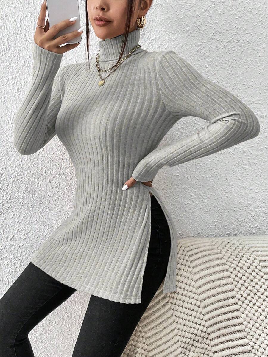 SHEIN Frenchy Turtleneck Split Hem Textured Fabric Tee - Apricot - View 1