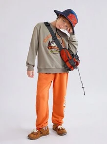 2pcs Tween Boys Printed Outdoor Sweatshirt And Sweatpants Set - Dark Grey - View 6