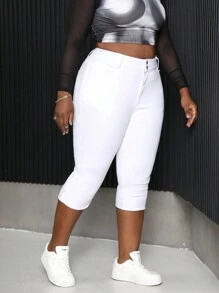 大码白色紧身七分牛仔裤 - 白色 - 查看 6